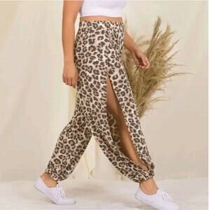 NEW Zenana Leopard Print Knit Harem Joggers 2X Plus Size Side Slit Lounge Pants